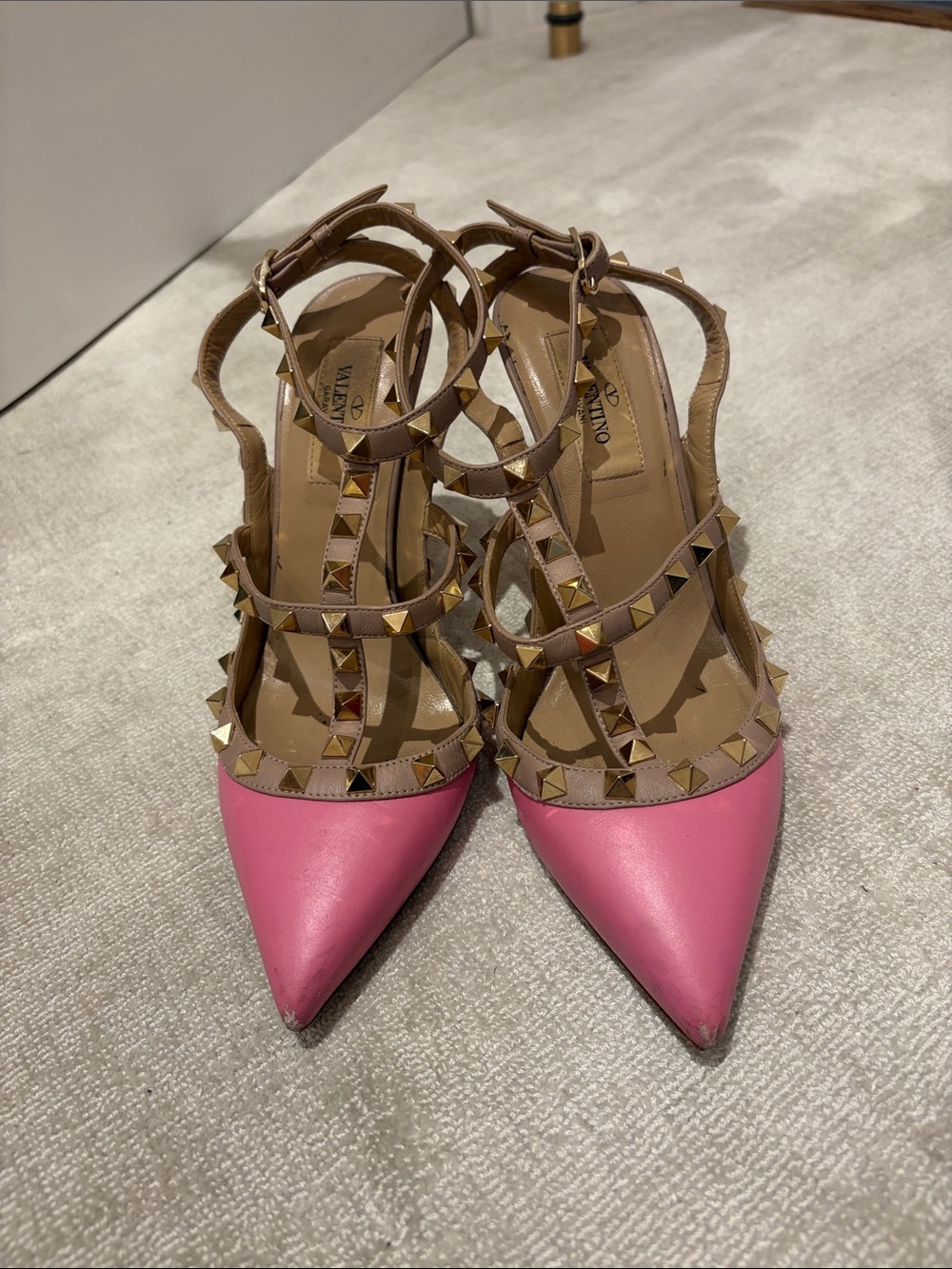 Valentino Two-Tone Pink and Tan Rockstud Pointed-Toe Slingback Heels